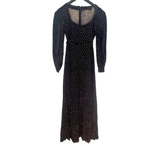 Women’s Retro Polka Dot Black White Velvet Size S Thick Square Neck Maxi Dress